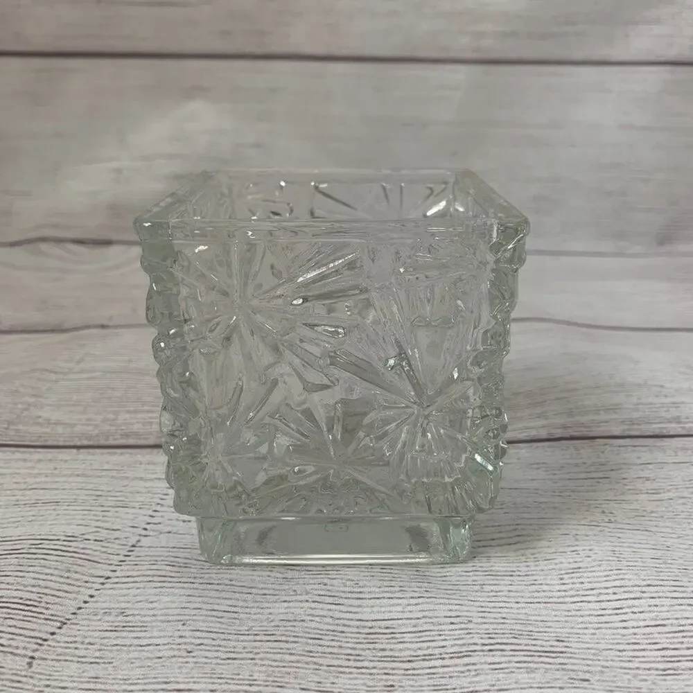 Vintage Avon Square Crystal Glass Candle Holder Diamond Cut Snowflake 3 3/4